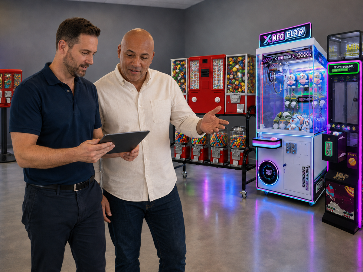 Two men standing in a showroom with arcade machines, one holding a tablet and the other gesturing toward a claw machine and vending machines in the background.