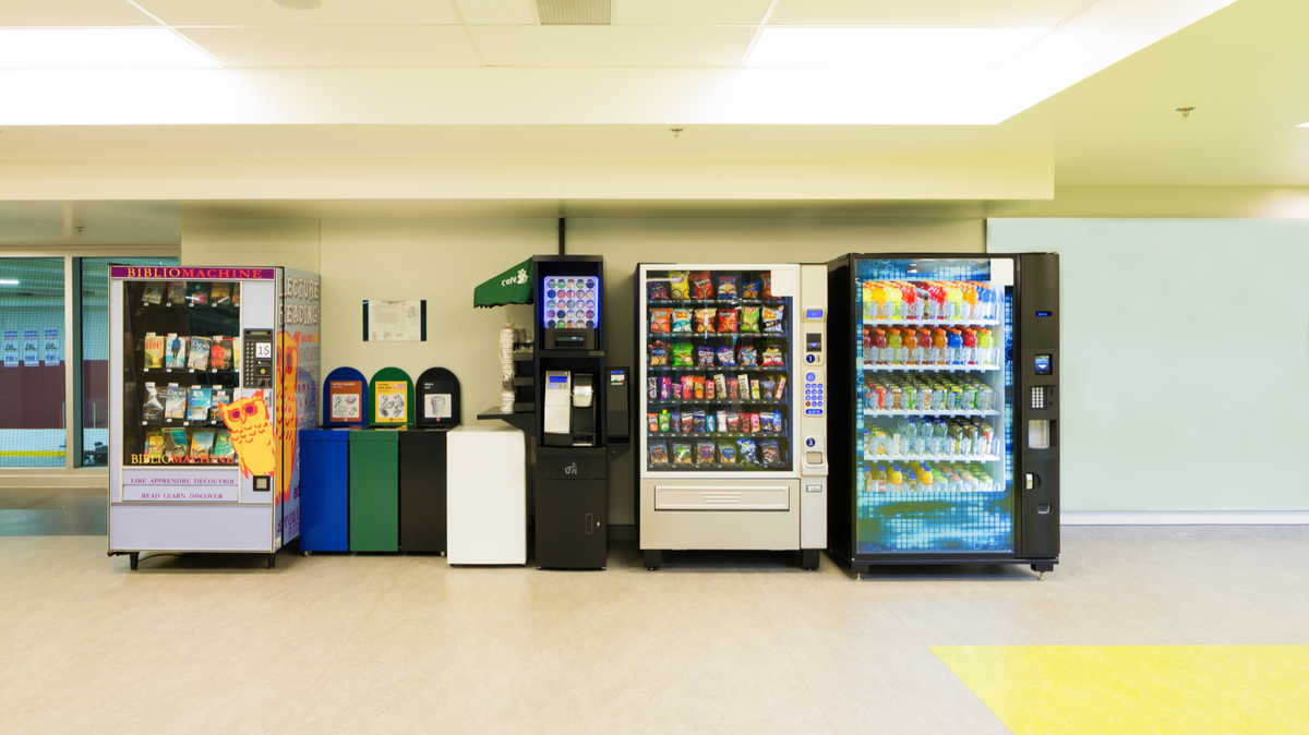 Vending machines in a commercial building hallway