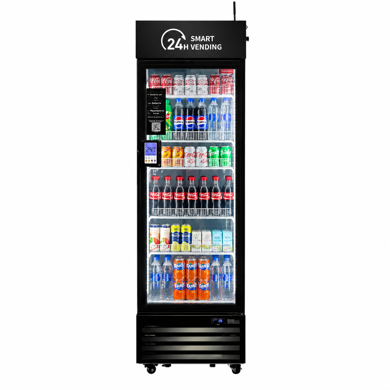 Vending machine stocked with various drinks on a white background