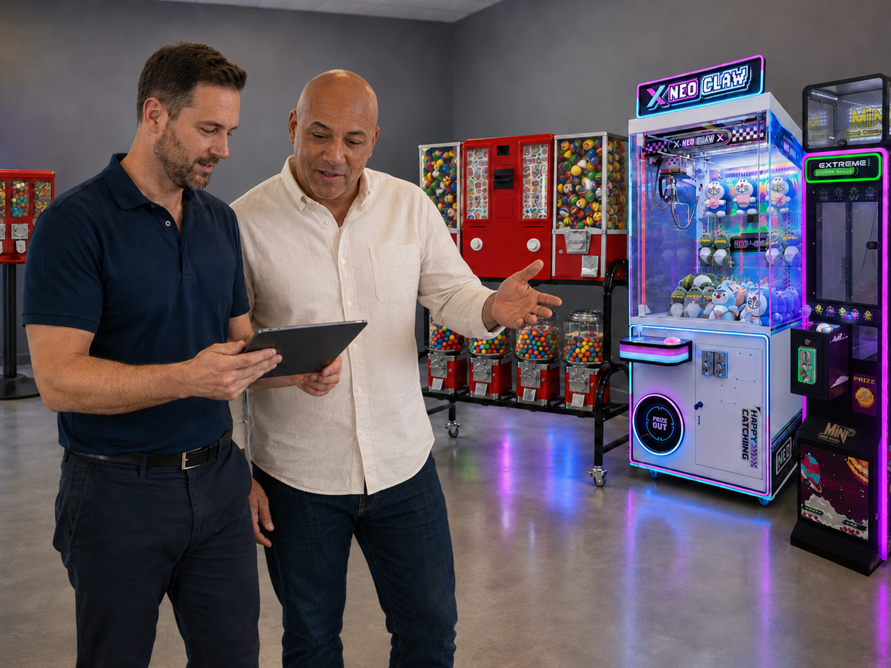 Two men standing in a showroom with arcade machines, one holding a tablet and the other gesturing toward a claw machine and vending machines in the background.