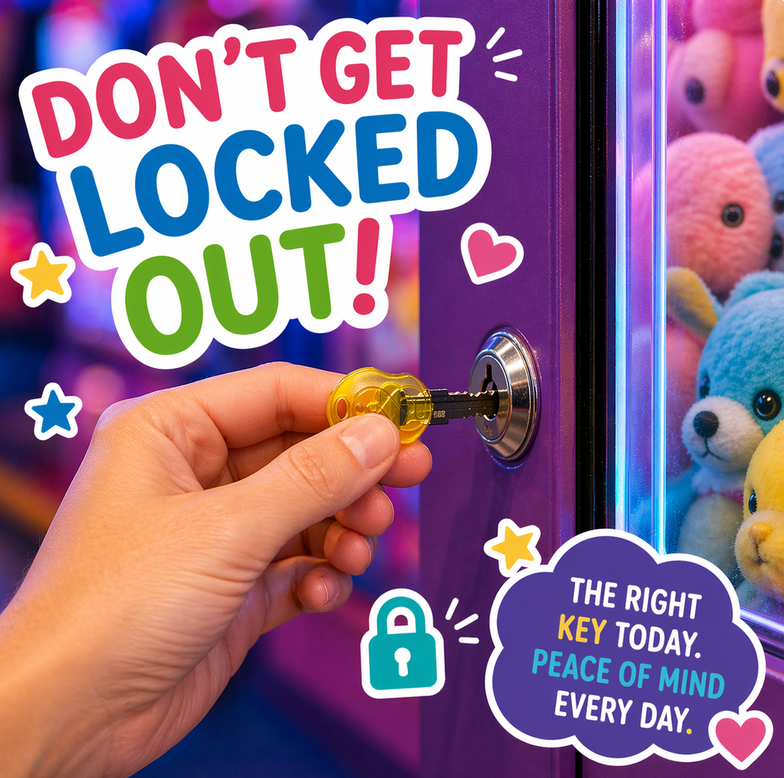 Hand inserting a key into a lock with colorful text and teddy bears in the background