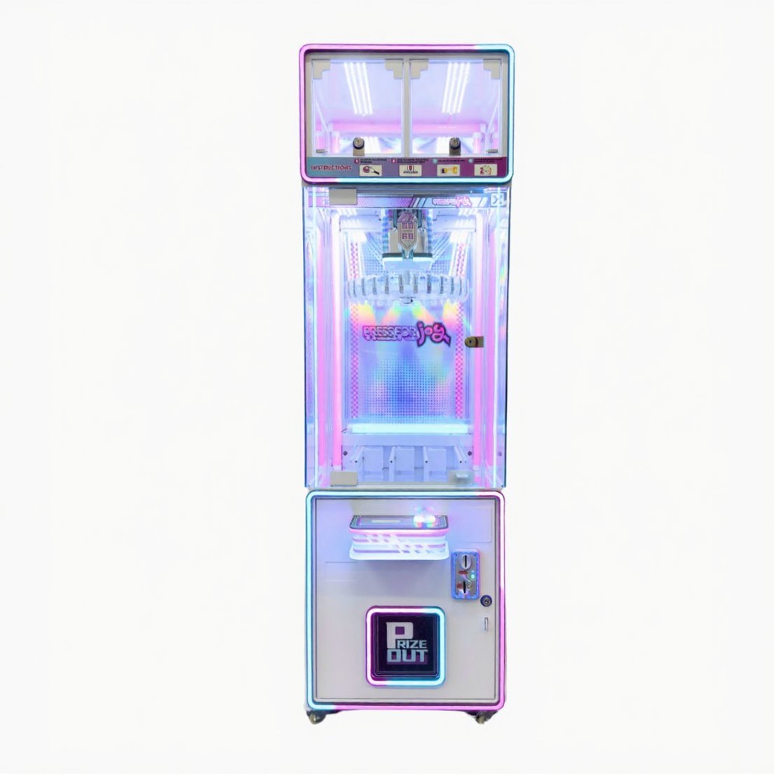 Glowing pink and blue claw machine on a white background