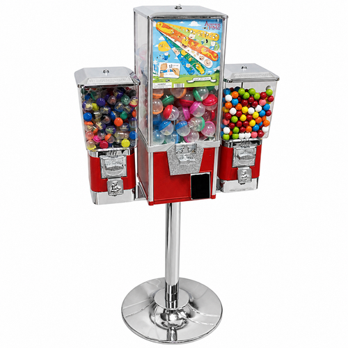 Triple Head Toy & Gumball Combo Vending Machine with Polished Chrome Stand (Red)