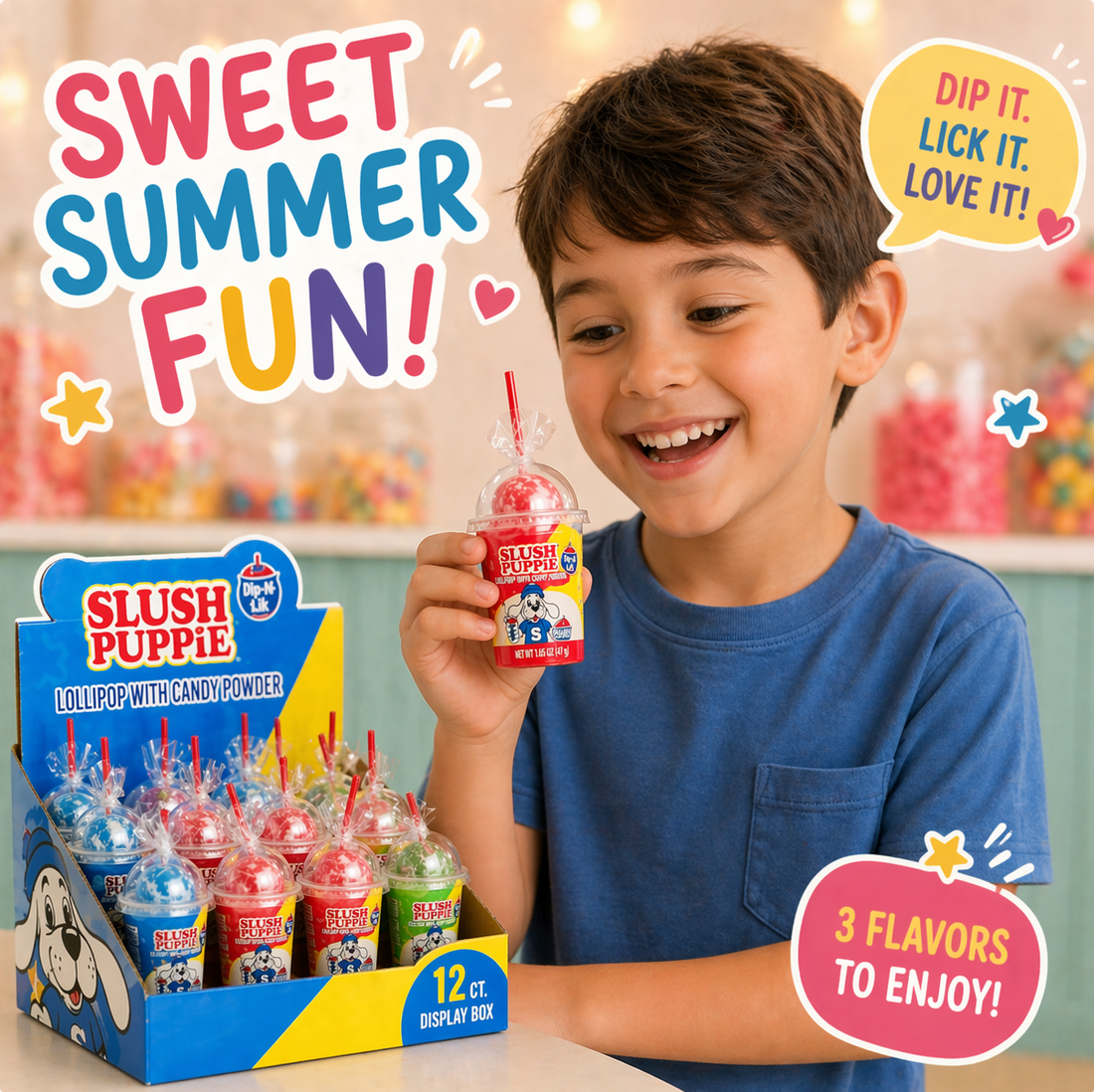Child holding a Slush Puppie product with promotional text and graphics.