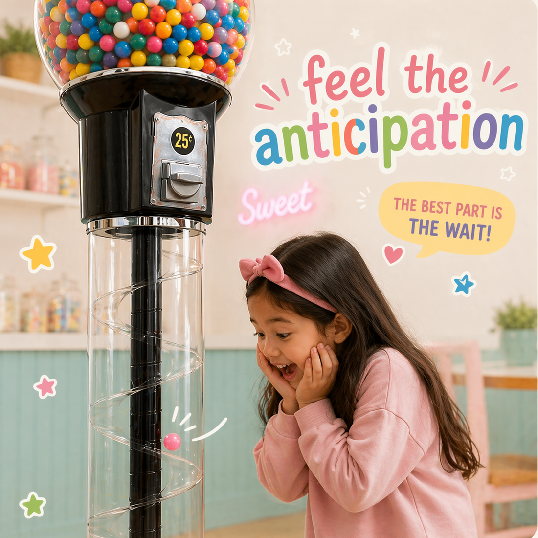Gumball machine with colorful gumballs and a child excitedly anticipating a treat, with text 'feel the anticipation Sweet THE BEST PART IS THE WAIT!' in a playful font.