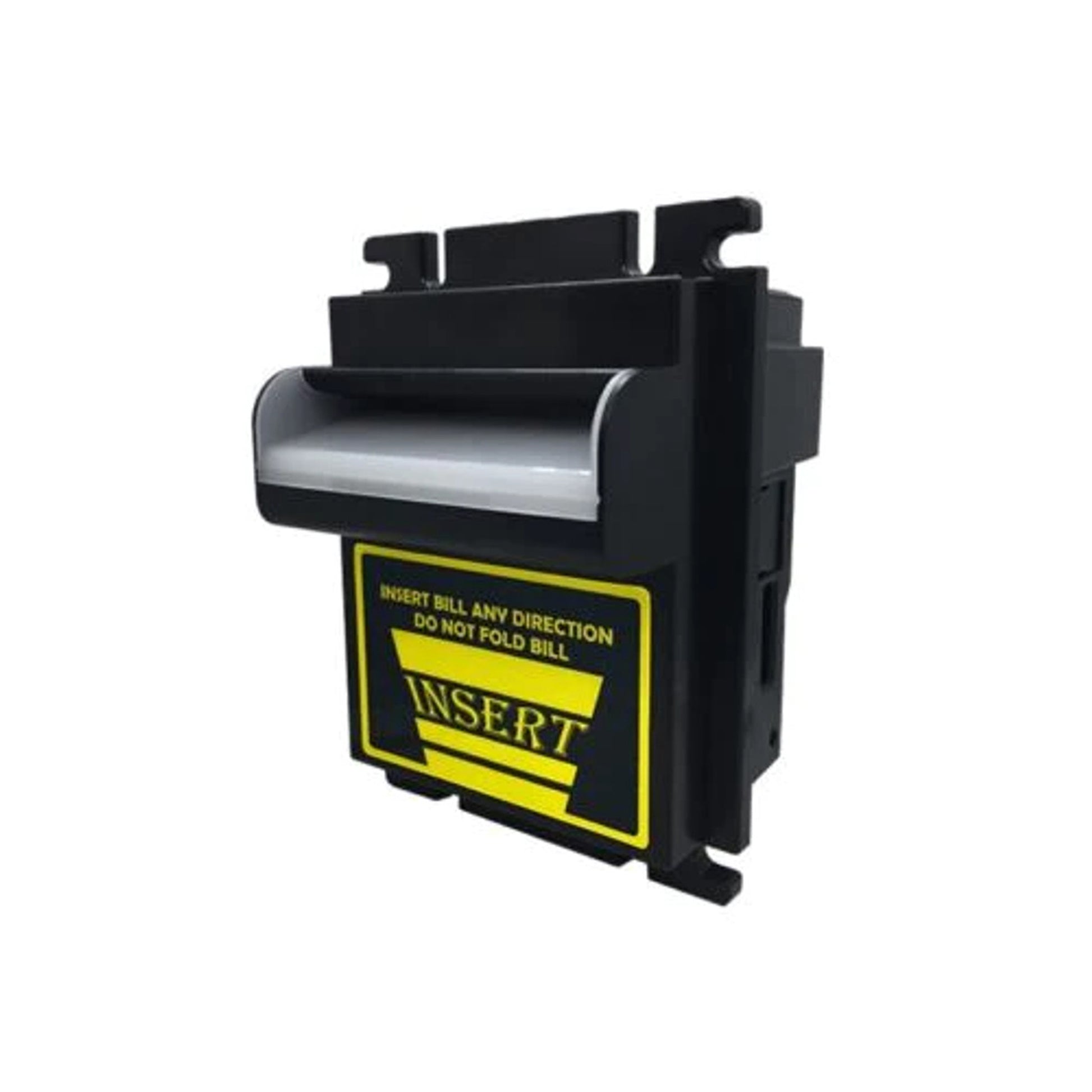 Black and yellow bill acceptor on a white background