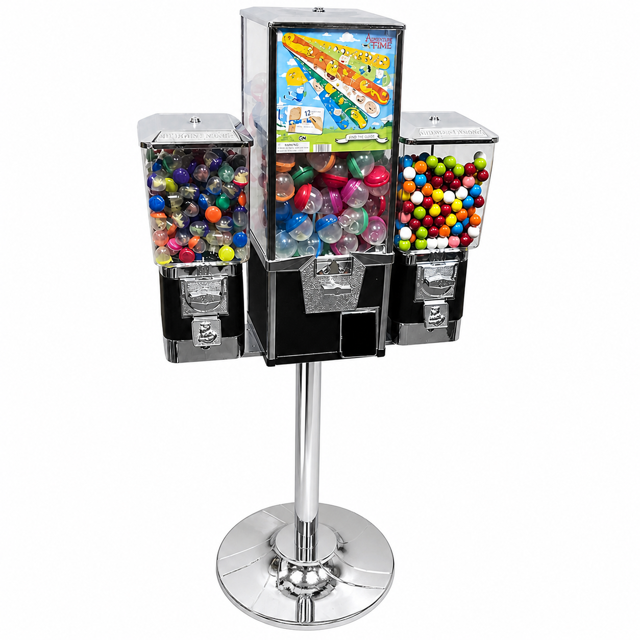 Triple Head Toy & Gumball Combo Vending Machine with Polished Chrome Stand (Black)