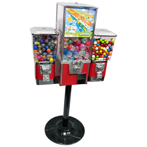 Triple Head Toy & Gumball Combo Vending Machine with Monster Heavy Duty Cast Iron Stand (Red)